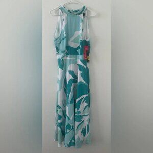Tahari Mint Swirl Sleeveless Mock Neck Dress Tie Back Coastal Tropical Sz 6 NWT